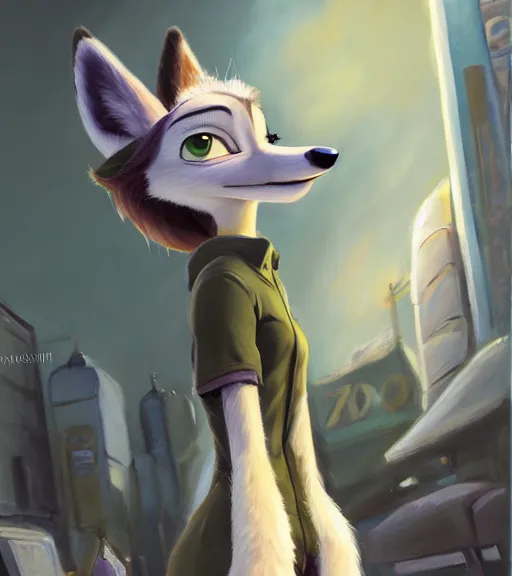Image similar to oil painting of full body of anthromorphic female wolf, in style of zootopia, zootopia, zootopia, fursona, furry, furaffinity, 4 k, deviantart, furry art, fursona art, wearing black business suit, business suit, in style of zootopia, wolf fursona, cyberpunk, female, expressive detailed feminine face,