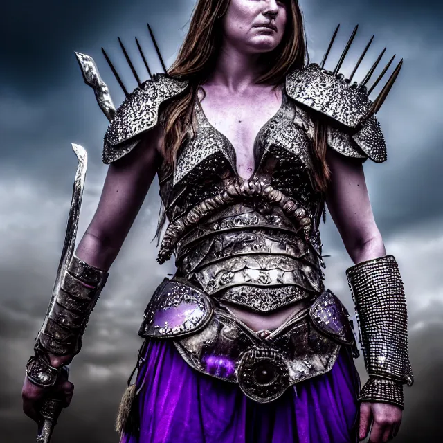 Image similar to full body photo of a beautiful warrior queen wearing amethyst encrusted armour, highly detailed, 4 k, hdr, smooth, sharp focus, high resolution, award - winning photo