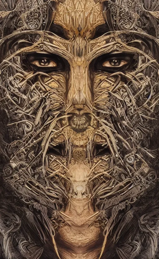 Image similar to Elder Ring themed painting of ancient hybrid majestic aztec shaman fantasy cyber human beautiful symmetrical face angry mask closeup face mask tattoo pattern golden ratio concept, deep forest psytrance Neo-Gothic concept, infinity glyph waves, intricate artwork masterpiece, very coherent artwork, cinematic, full frontal facial features by Artgerm, Takato Yamamoto, Zdizslaw Beksinski, Johnatan Wayshak, Moebius, H.R. Giger, Ayami Kojima, very coherent artwork, trending on cgsociety, ultra high quality model, production quality cinema model, high detail chromatic ink outline, octane render, unreal engine, 8k mandelbulber fractal, hyper realism, high detail, octane render, unreal engine, 8k, High contrast