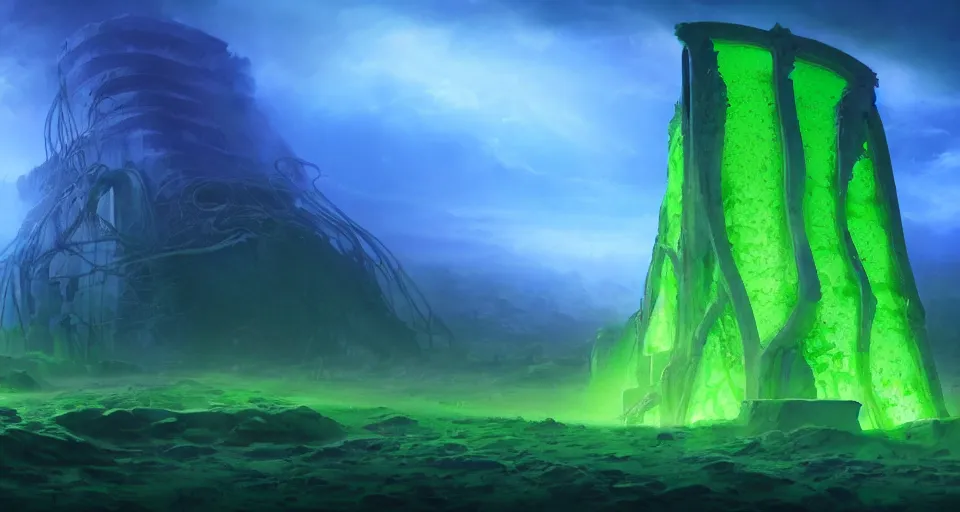 Prompt: luminous algae vines cover the ruins of an alien monolithic monument to the true prophet on the bottom of the ocean, vivid colors, matte painting, 8K, concept art, mystical color scheme, trending on artstation