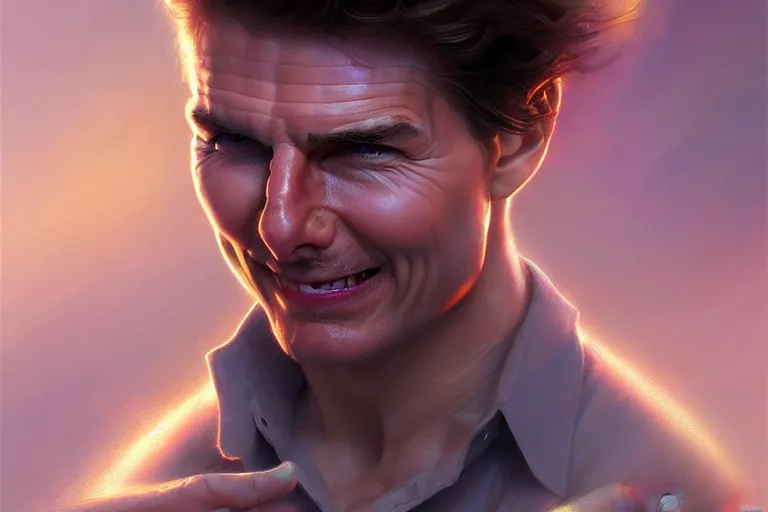 Image similar to tom cruise morphing into a happy potato, hyper detailed, digital art, artstation, cinematic lighting, studio quality, smooth render, by peter mohrbacher, hajime sorayama, boris vallejo, craig mullins