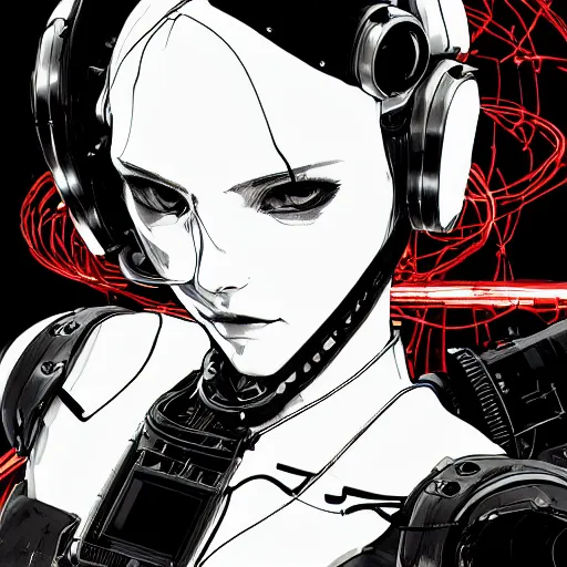 Prompt: highly detailed portrait of a post-cyberpunk robotic young lady with space helmet and wired cybernetic face modifications, robotic panels, by Akihiko Yoshida, Greg Tocchini, Greg Rutkowski, Cliff Chiang, 4k resolution, persona 5 inspired, vibrant red, black and white color scheme with sparking stray wiring