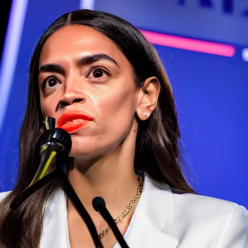 Image similar to Alexandria Ocasio-Cortez close up portrait, posing full body on a stage, realistic 4k