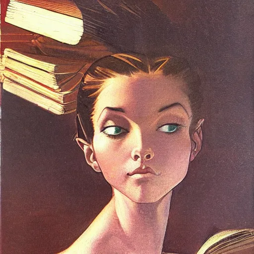 Image similar to a girl reading book, hair flowing down, in the style of Frank Frazetta, Jeff Easley, Caravaggio, extremely clear and coherent, clear lines, 8K revolution