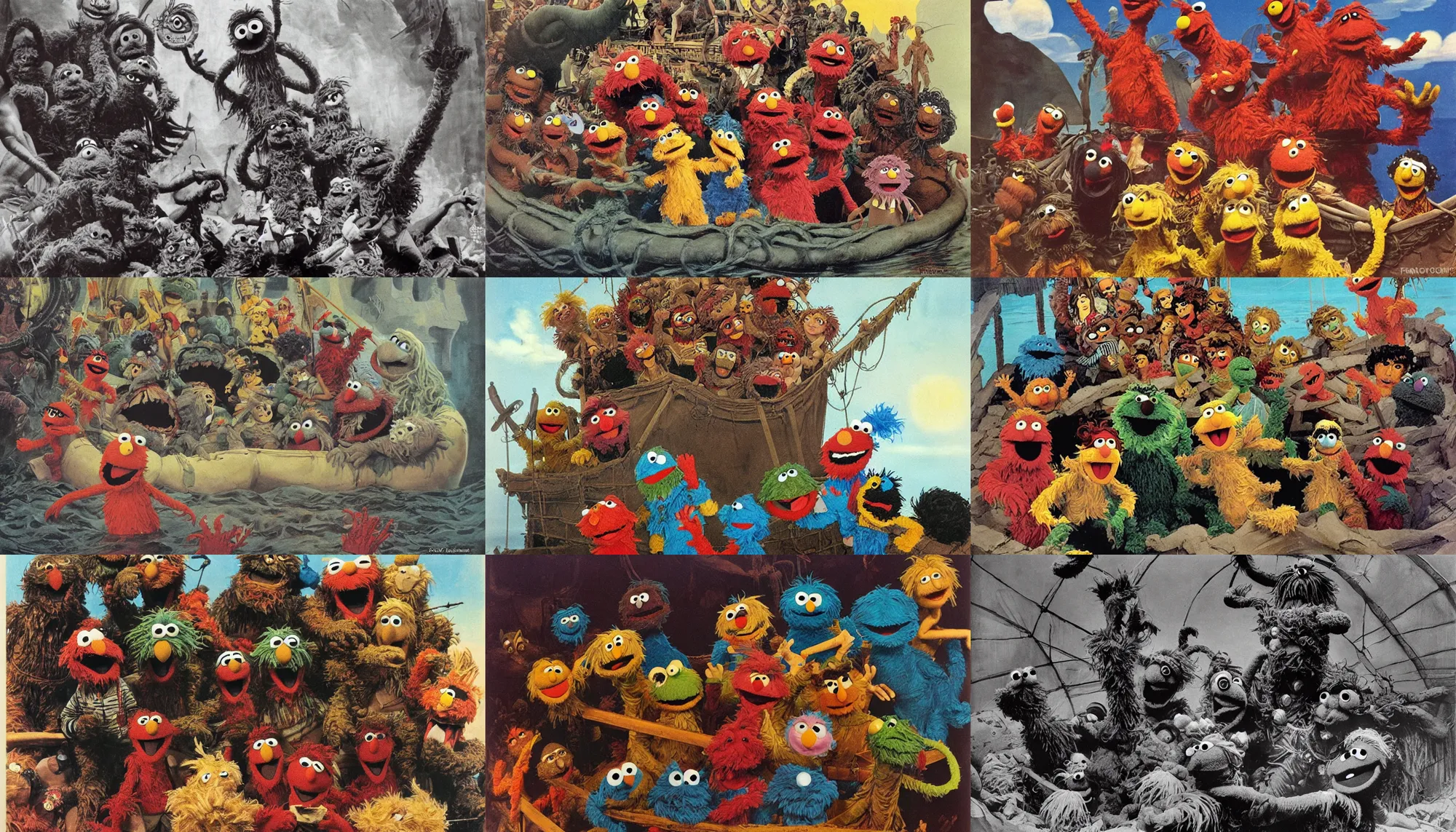 Prompt: Sesame Street puppets in The Raft of the Medusa, by Frank Frazetta