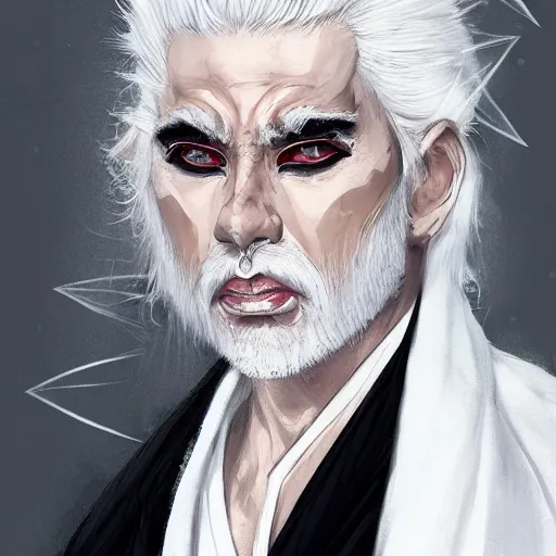 Prompt: a portrait of a white haired parted through the middle asian man, hyperdetailed black sclera eyes, wearing white kimono with black shirt underneath, young, D&D, sci-fi, elegant, hopeful, highly detailed, digital painting, artstation, concept art, smooth, sharp focus, illustration