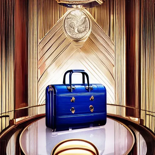 Prompt: a luxury handbag in year 3000, art-deco style, in entrance hall of an art-deco skyscaper, photography , official vuitton editorial , highly detailed