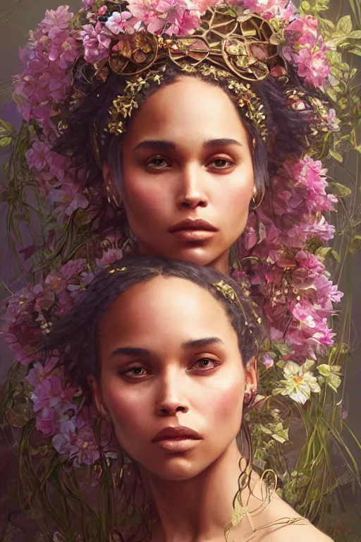 Image similar to ultra realistic illustration, zoe kravitz as persephone, intricate, elegant, highly detailed, digital painting, artstation, concept art, smooth, sharp focus, illustration, art by artgerm and greg rutkowski and alphonse mucha