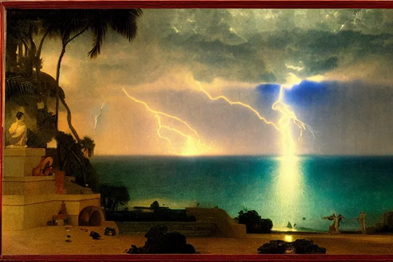 Prompt: mediterranean balustrade, refracted lightnings on the ocean, thunderstorm, greek pool, beach and Tropical vegetation on the background major arcana sky and occult symbols, by paul delaroche, hyperrealistic 4k uhd, award-winning, very detailed paradise