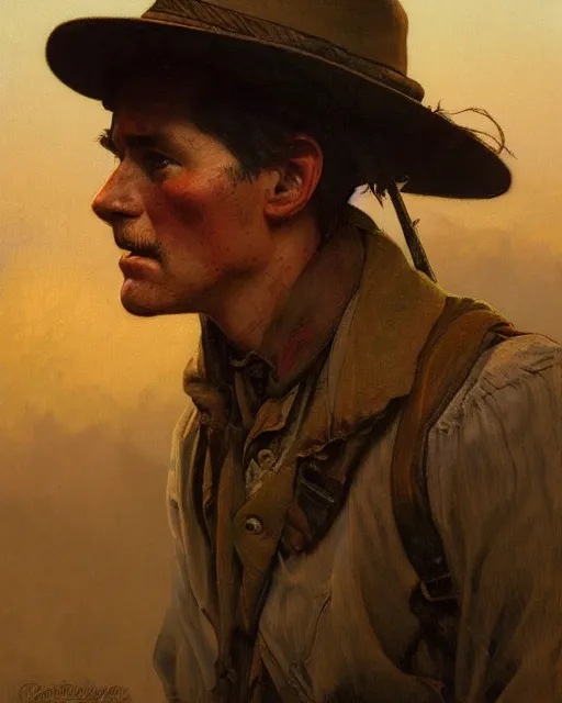 Prompt: side portrait Appalachian bootlegger boy with detailed features, moonshining still in the backdrop, dirt, Appalachian mountains, sharp focus, illustration, highly detailed, oil painting, matte, art by Greg Rutkowski and Alphonse Mucha, masterpiece