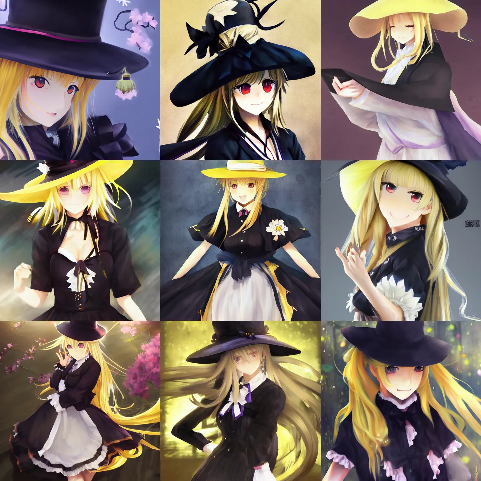 Prompt: pixiv artwork portrait of marisa kirisame from touhou project, marisa kirisame touhou artwork by greg rutkowski makoto shinkai key art kyoto animation 4 k 8 k ultrahd trending award winning black hat broom blonde hair finely detailed yellow eyes maid dress