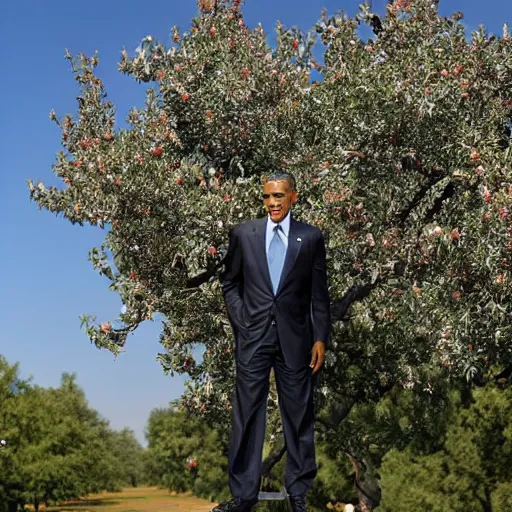 Prompt: obama on a chair standing on a peach tree