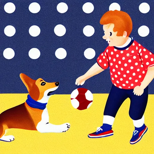 Image similar to illustration of french boy in paris playing football against a corgi, the corgi is wearing a polka dot scarf