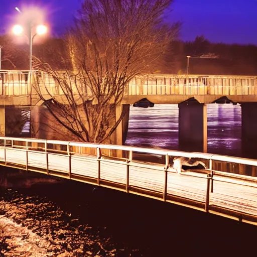 Prompt: a cat on a bridge at night, professional photo