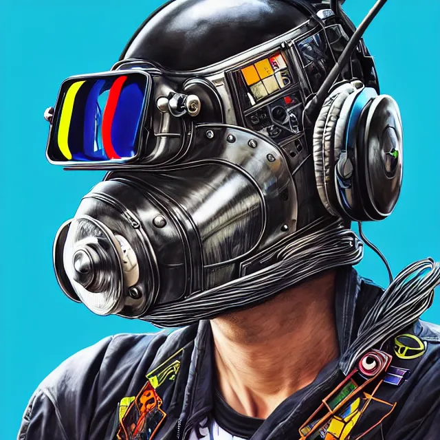 Image similar to a portrait of an anthropomorphic cyberpunk baboon in a racing helmet by sandra chevrier, detailed render, tape deck, boombox, headphones, epic composition, cybernetics, 4 k realistic, cryengine, realistic shaded lighting, sharp focus, masterpiece, by matteo scalera, gary montalbano, peter elson in the style of the tokyo ghost comic