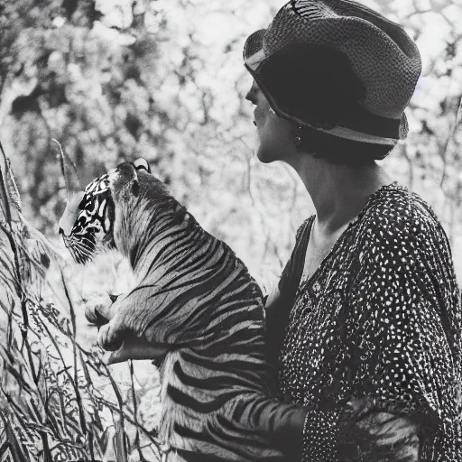 Image similar to woman from rising silent posing with a tiger in a garden, 1 9 2 0 s photography, trending on unsplash, black and white photography, intricately defined, complexly detailed, 4 k photorealism, golden ratio!!!!!, centered!!!!!