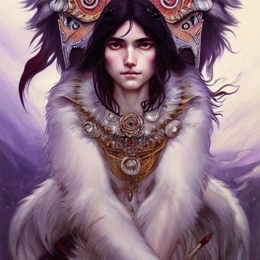 Image similar to Portrait of Princess Mononoke surrounded by white wolves, face, fantasy, intricate, elegant, highly detailed, digital painting, artstation, concept art, smooth, sharp focus, illustration, art by Fernanda Suarez and Artem Demura and alphonse mucha