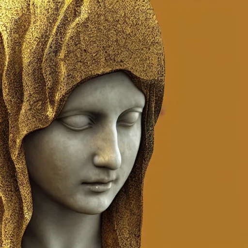 Prompt: a marble sculpture of the veiled virgin, subsurface scattering, !face, !female, covered in intricate !!detailed golden streaked veil , physically based rendering, photo realistic, top light , dark background