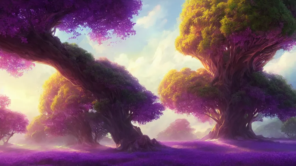 Prompt: giant violet tree overarching green plains, view from the ground, waves of energy, by sylvain sarrailh, rossdraws, ambient light, ultra detailed, fantasy artwork, 8 k, volumetric lighting, trending on artstation, award winning, very beautiful.