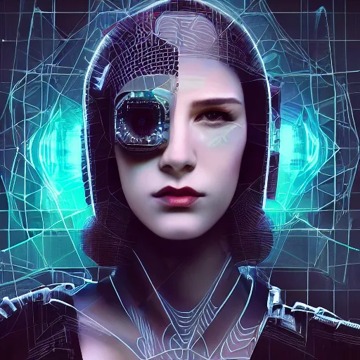 Prompt: portrait of a cyberpunk art deco girl with a vectot grid of light falling on her face, sci-fi, intricate lighting, elegant noir, highly detailed, digital painting, studio portrait, artstation, sharp focus, photo by artgerm and greg rutkowski and Charlie Bowater, subsurface scattering:3, blur, bokeh, gray, jpeg artifacts:-2