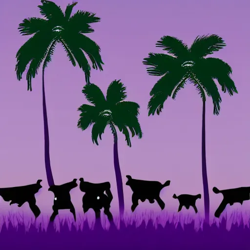 Prompt: ufo and aliens abducting cows from the distance in far pastures during summer night with palm trees. by patrick nagel, minimalist lighting, 1 0 0 0 mm. purple and green gammas.