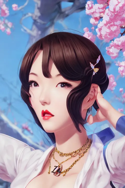 Image similar to a pin up and beautiful fashion dreamlke japan girl with lv jewelry, character art, art by artgerm and wlop and and ilya kuvshinov, hyperdetailed, 8 k realistic, symmetrical, frostbite 3 engine, cryengine, dof, trending on artstation, digital art, chanel, dior, fantasy background