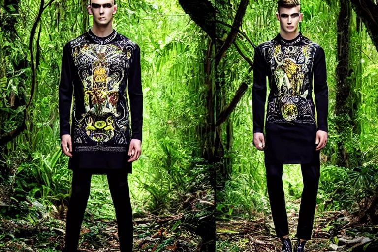 Image similar to versace avant garde male tunics posing in the jungle woods intricate modern choatic textiles streetwear cyberpunk dark cloudy overcast