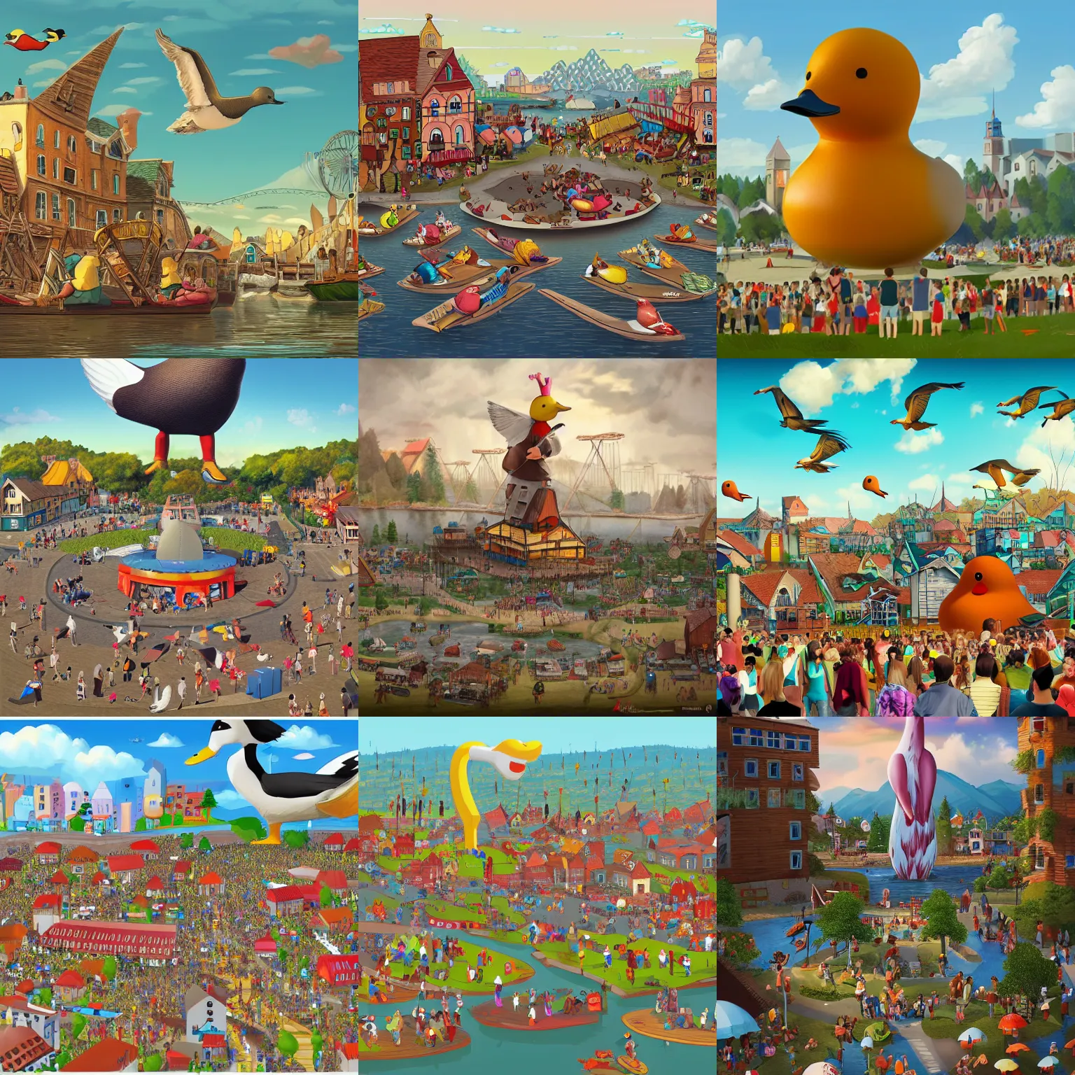 Prompt: Giant Duck stands next to a town, surrounded by people, digital art, trending on ArtStation, Gulliver's Travels