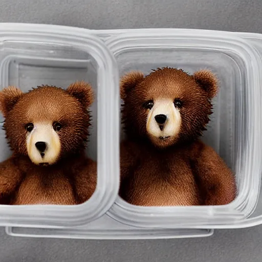 Image similar to macro shor photograph of tiny realistic looking bears inside of a plastic food package