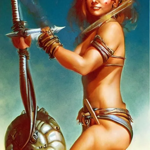 Prompt: A cute barbarian girl by Boris Vallejo