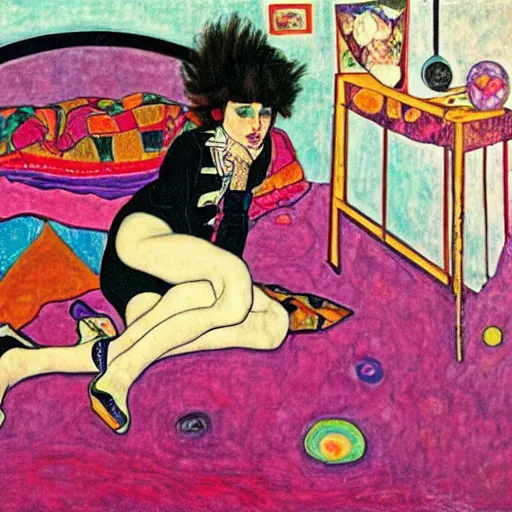 Prompt: rocker goth teen girl with black lace boots laying on her stomach on the floor, writing on a journal. 1970s colorful psychedelic bedroom. Trippy colors. Stylized. Egon schiele. Moscoso