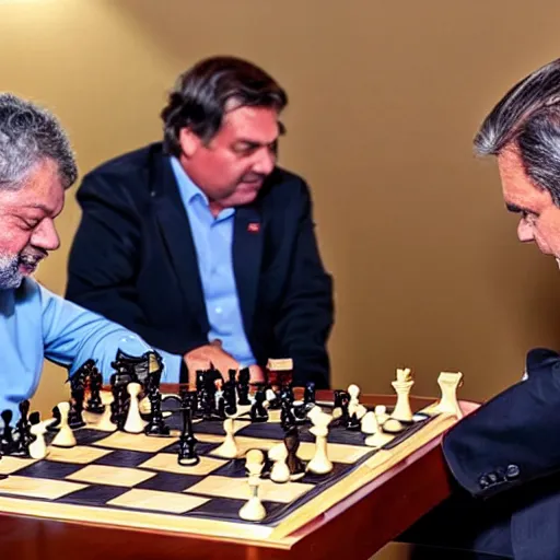 Prompt: photo of luis inacio lula da silva and jair bolsonaro playng chess, detailed 4 k