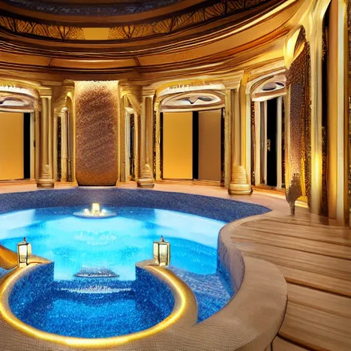 Image similar to interior of a 2 story spa with everything made of gold, candles, wellness pool, intricate detailed roof, contemporary design