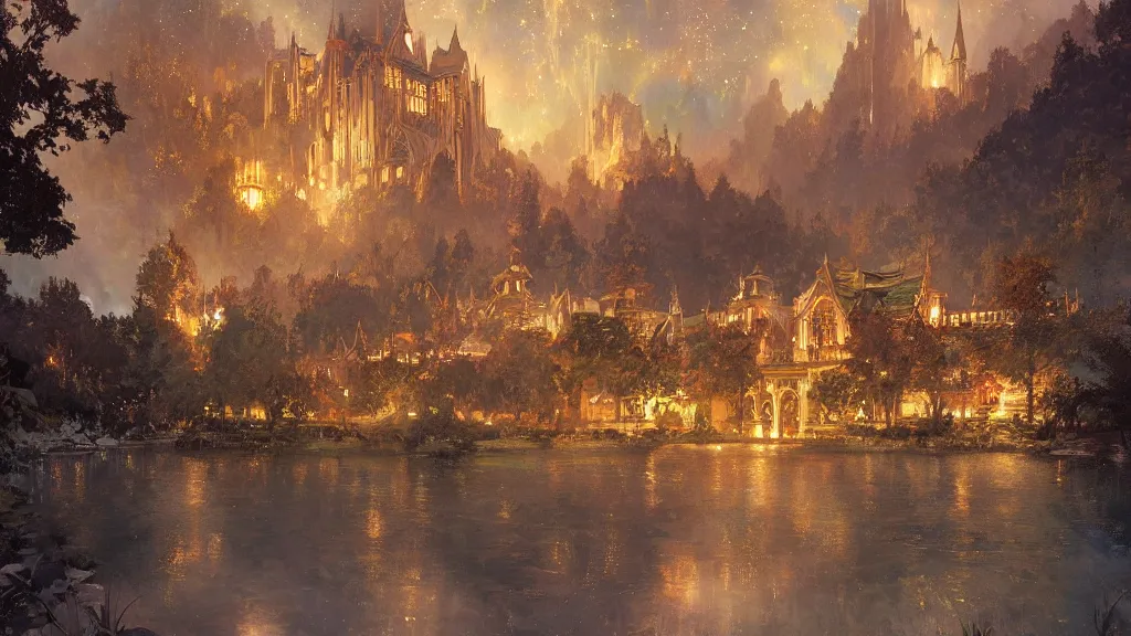 Prompt: a beautiful painting of rivendell, at night with a sky full of stars and fireworks, intricate, elegant, highly detailed, digital painting, artstation, concept art, by krenz cushart and artem demura and alphonse mucha
