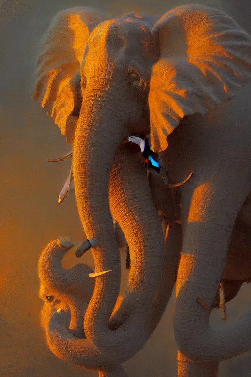 Prompt: spiritual twin flame elephant art, dusk hue, highly detailed, oil painting, by craig mullins