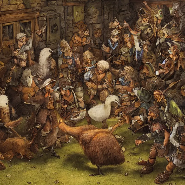 Image similar to a single emu surrounded by halflings in awe in a tavern, fantasy rpg book illustration