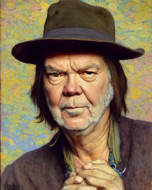 Prompt: neil young, portrait painting by richard schmid, edgar maxence, kehinde wiley, thomas moran, maxfield parrish, studio ghibli, loish, alphonse mucha, fashion photography