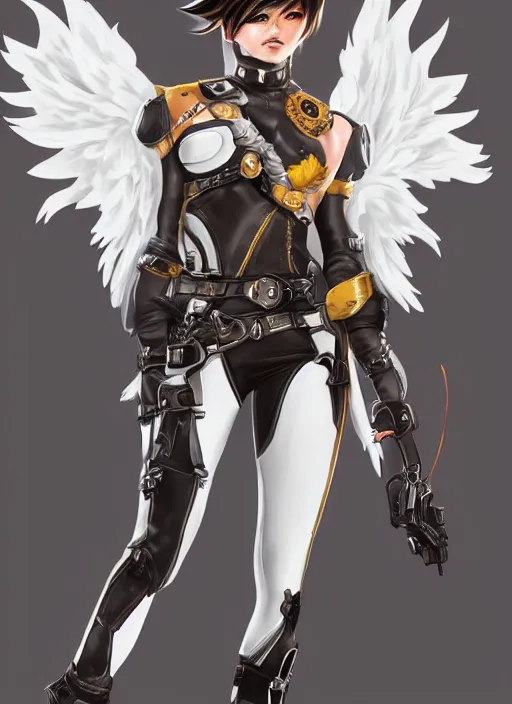 Image similar to full body artwork of tracer overwatch, wearing white latex and leather straps armor outfit, in style of mark arian, angel wings, dramatic painting, wearing detailed leather collar, ornate highly detailed armor, chains, black harness, detailed face and eyes,