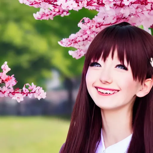 Image similar to Beautiful anime girl grinning while also wearing school attire with cherry blossoms in the background, anime style, 4K