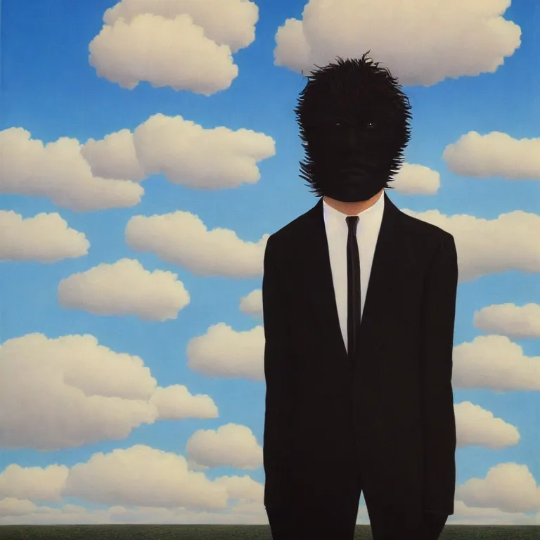 Prompt: portrait of a faceless shadow - head man with messy long hair in a suit, clouds in the background, by rene magritte, detailed painting, distance, middle centered, hd, hq, high resolution, high detail, 4 k, 8 k