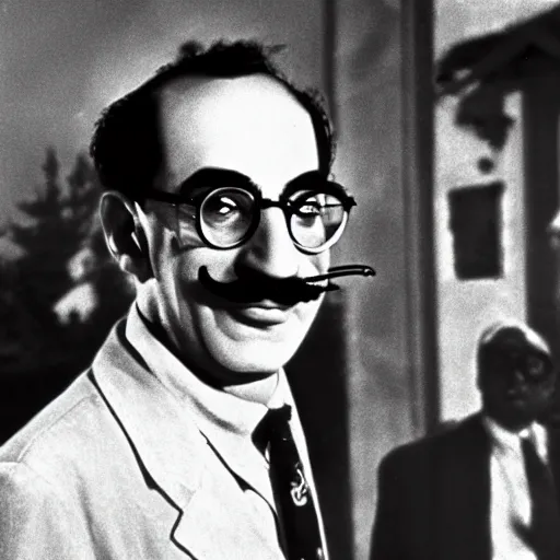 Image similar to a photo of a house burning down in the background and groucho marx with an eerie expression in the foreground, strong depth of field