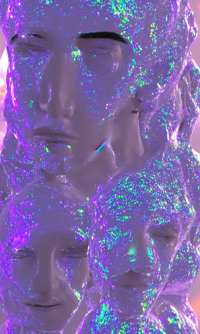 Image similar to 3d render of holographic human robotic made of glossy iridescent, surrealistic 3d illustration of a human face non-binary, non binary model, 3d model human, cryengine, made of holographic texture, holographic material, holographic rainbow, concept of cyborg and artificial intelligence