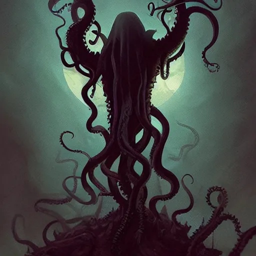 Image similar to a digital painting of cthulu standing in the distance, silhuette, huge creature, face with tentacles, back lighting, dramatic scene, detailed, night time, full moon, in the style of greg rutkowski