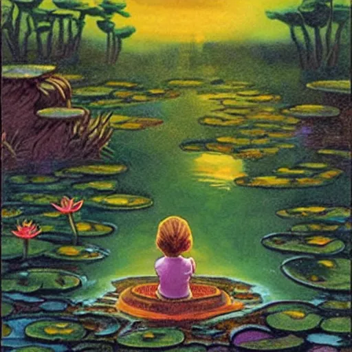 Prompt: garfield by h. p. lovecraft natural, ordered. print. a young girl is sitting on the edge of a pond, with her feet in the water. she is looking at a frog that is sitting on a lily pad in the pond.