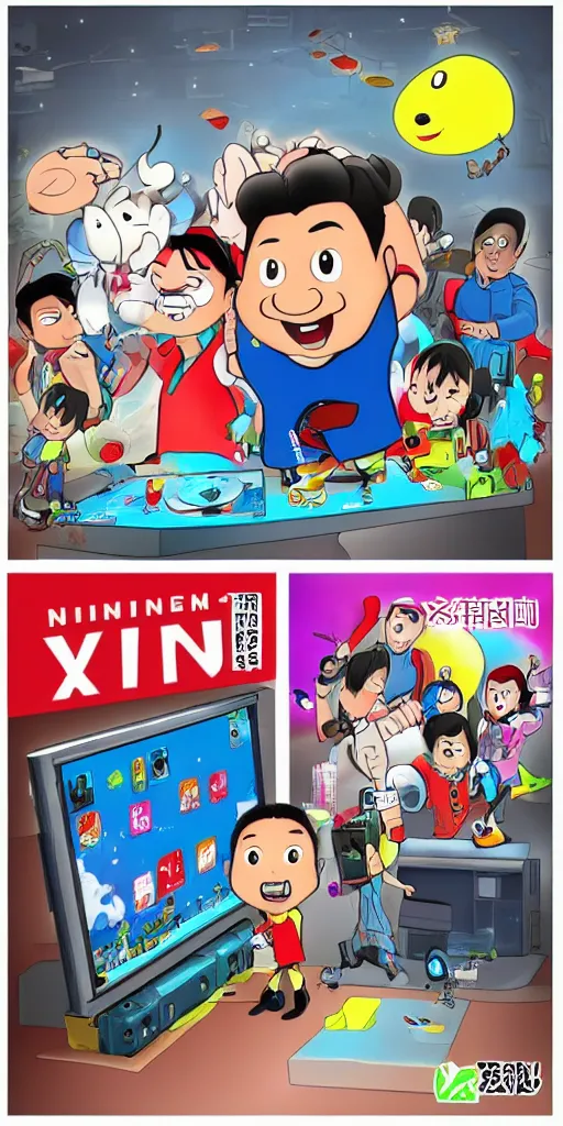 Image similar to Xi jingping play with Nintendo switch, cartoon style.