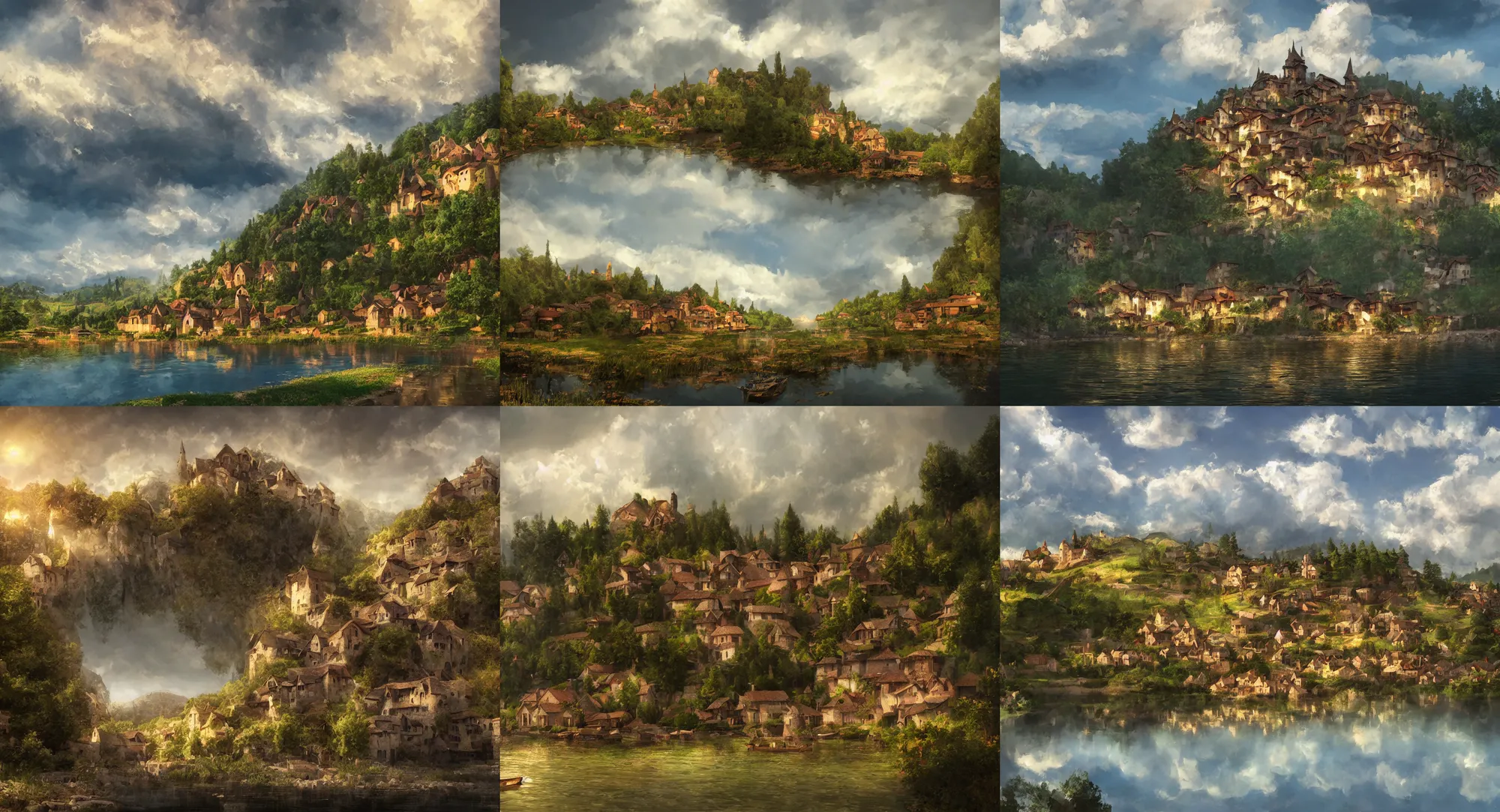 Prompt: A beautiful rendition of a small medieval village near a lake as seen from a boat, cumulus clouds, dramatic composition, cinematic, concept art, golden ratio, matte painting, Marc Simonetti, Sergey Vasnev, Anato Finnstark, artstation, 8k, high resolution