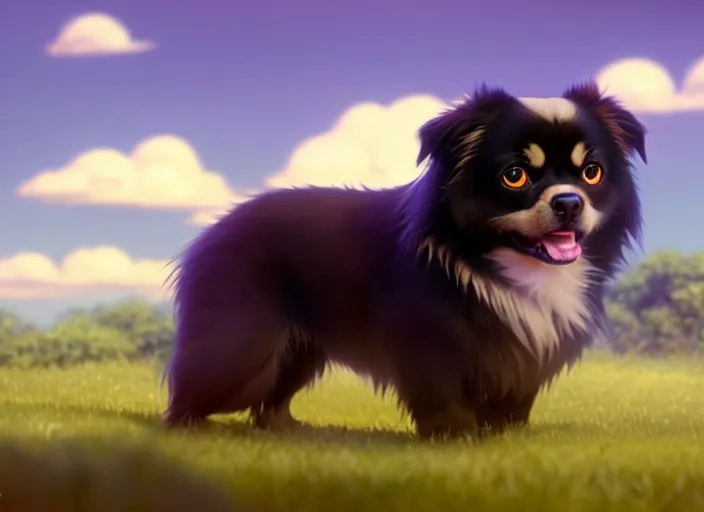 Image similar to a wholesome animation key shot of a black tibetan spaniel, in spain, studio ghibli, pixar and disney animation, sharp, rendered in unreal engine 5, anime key art by greg rutkowski, bloom, dramatic lighting