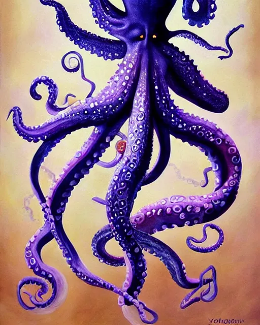 Prompt: Octopus goddess, a painting of a weird creature with a weird hat, a surrealist painting by Yoko d'Holbachie, trending on deviantart, pop surrealism, lowbrow, lovecraftian, whimsical