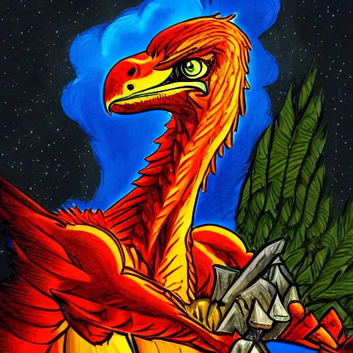 Prompt: raptor, griffin, comic, art, colorful, detailed fire, sitting in a nest