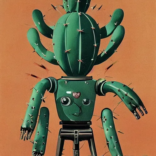 Prompt: 1950s retro cactus robot, with spikes on the head. Bionic Arms and eyes. pop surrealism, muted colours. by Jean-Baptiste Monge, wide shot